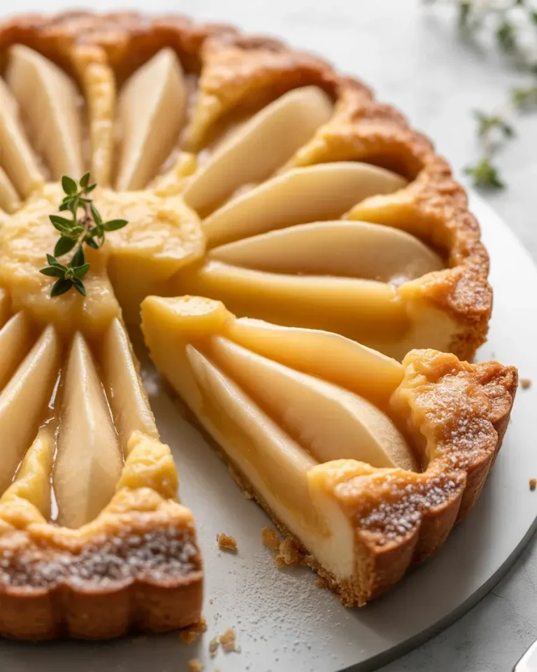 Classic pear frangipane tart with glossy apricot glaze, powdered sugar, and tender Bosc pears