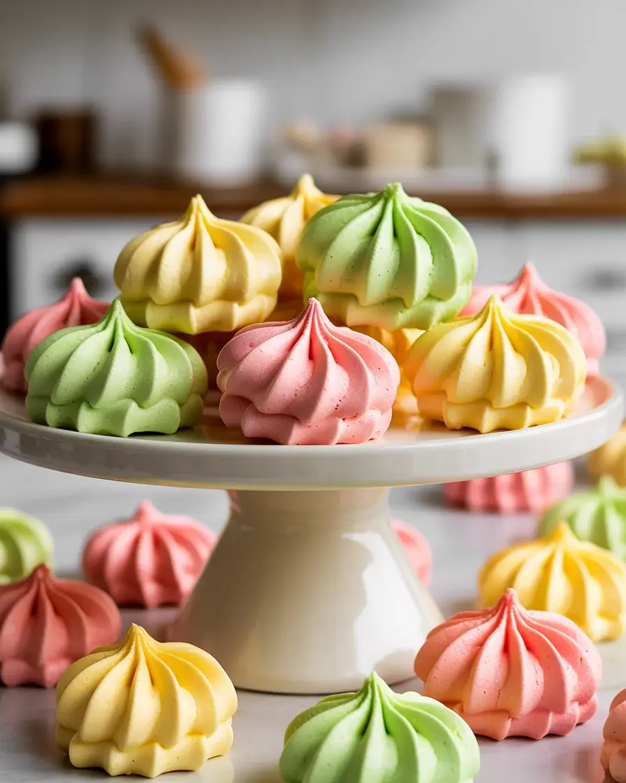 Colorful jello meringue cookies in strawberry, lime, and lemon displayed on a white cake stand