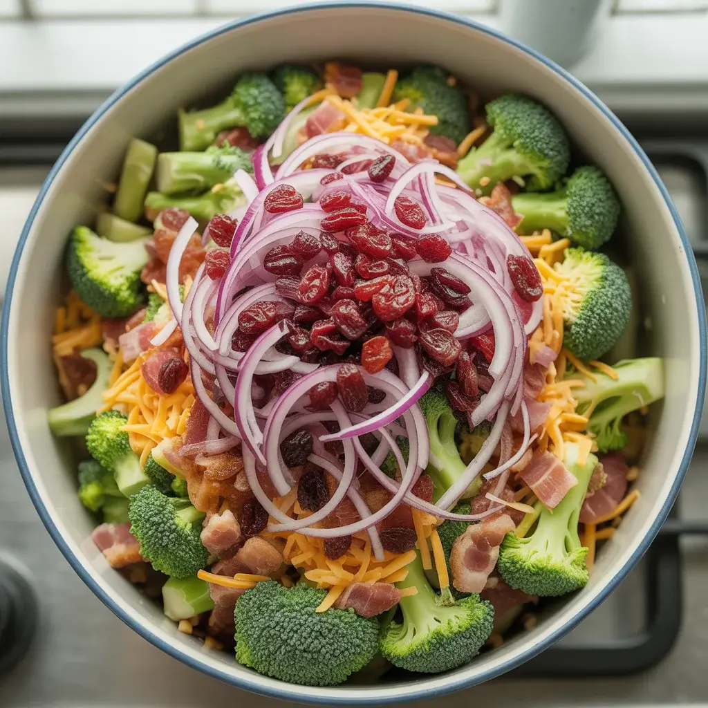 Combining broccoli, bacon, cheddar, red onion, and cranberries before tossing with dressing