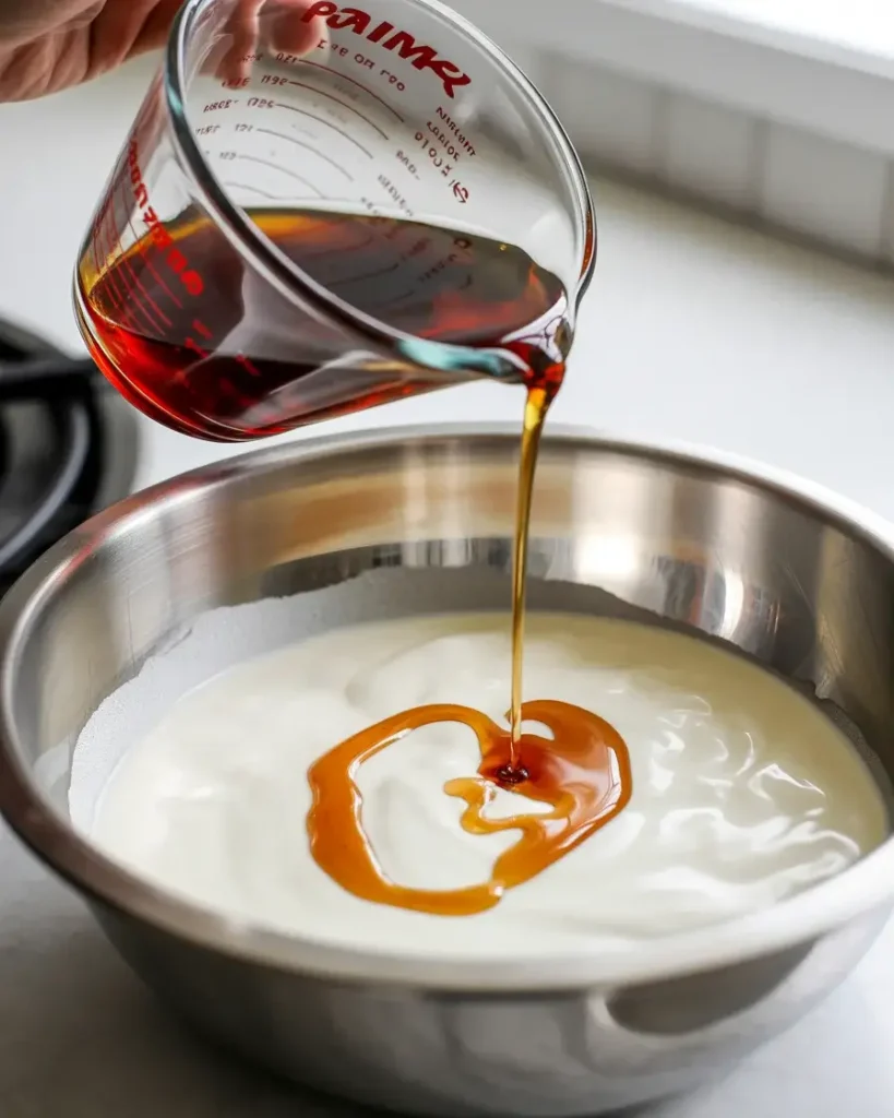 Combining cold heavy cream with pure maple syrup before whipping