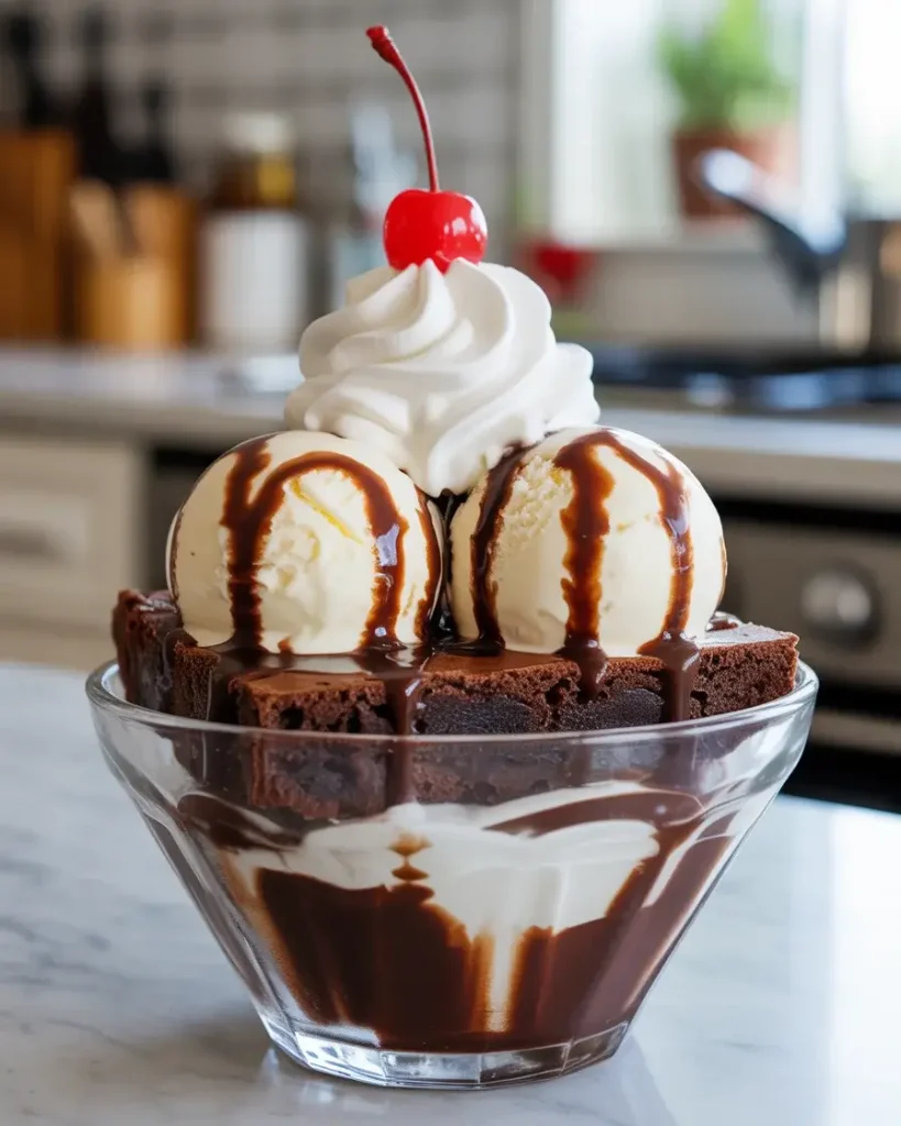 Completed brownie sundae with ice cream, chocolate sauce, and cherry