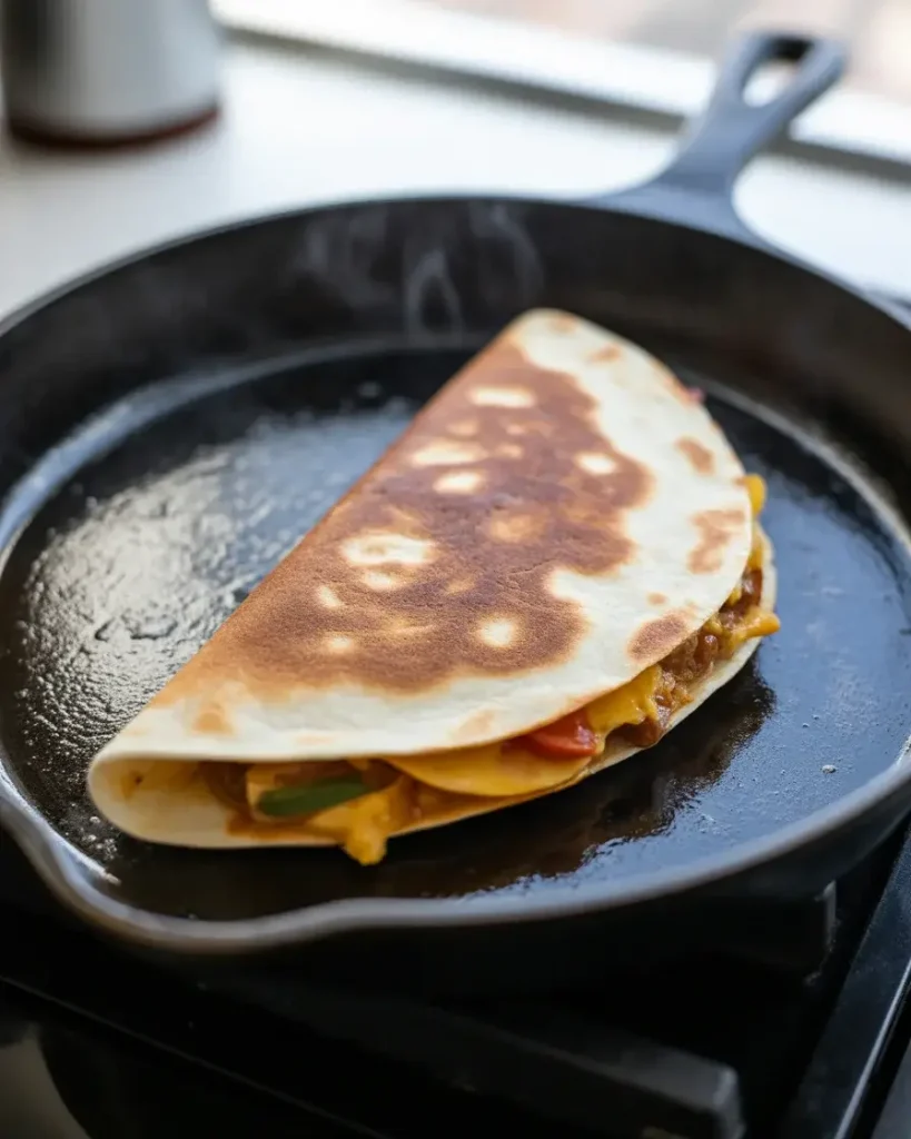 Cooking quesadilla in a dry skillet until deep golden brown and crispy on both sides