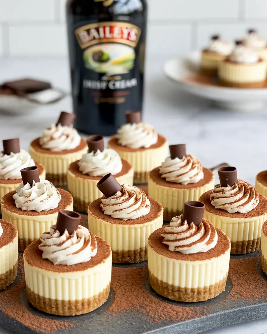 Creamy Baileys mini cheesecakes with whipped cream and cocoa on a slate board