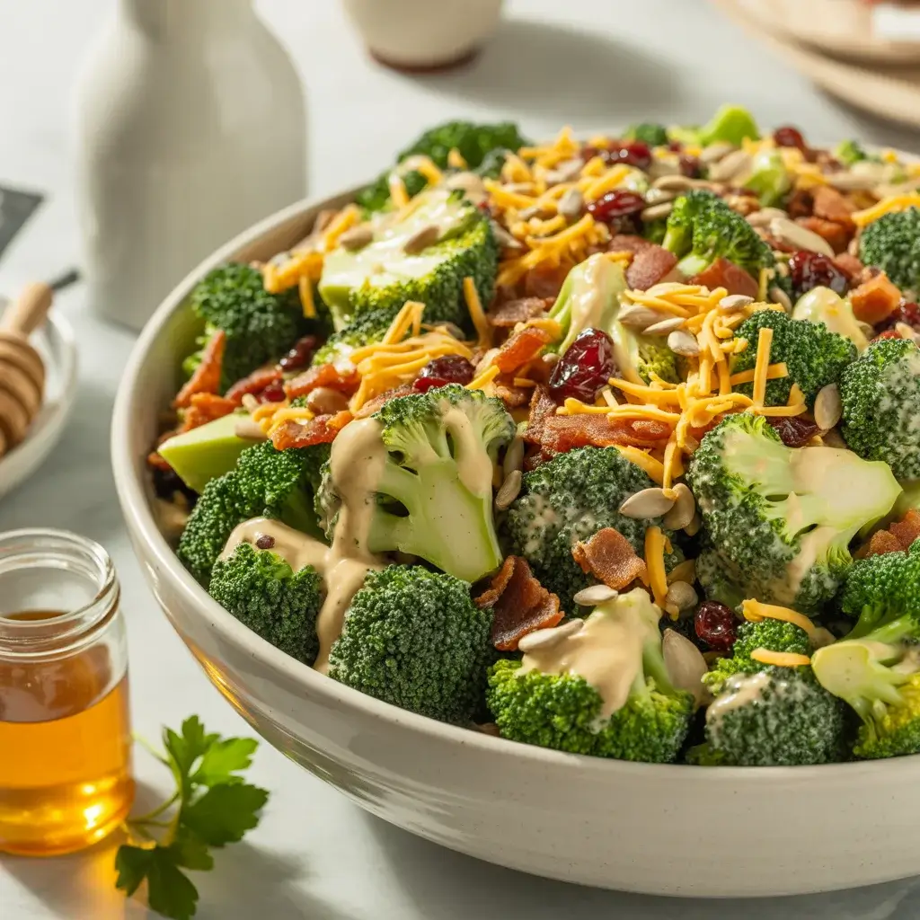Creamy honey dijon broccoli salad with bacon, cheddar, cranberries, and sunflower seeds