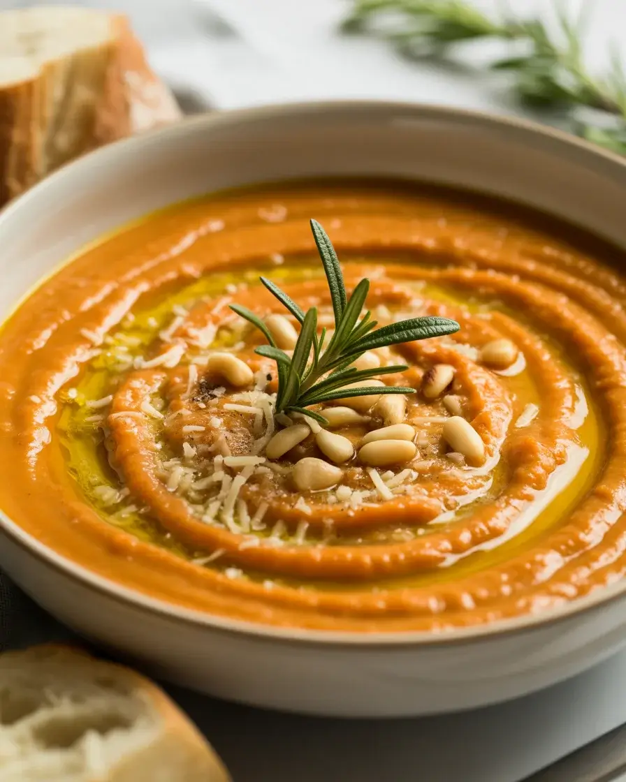 Creamy roasted Italian sweet potato soup topped with parmesan, pine nuts, and rosemary