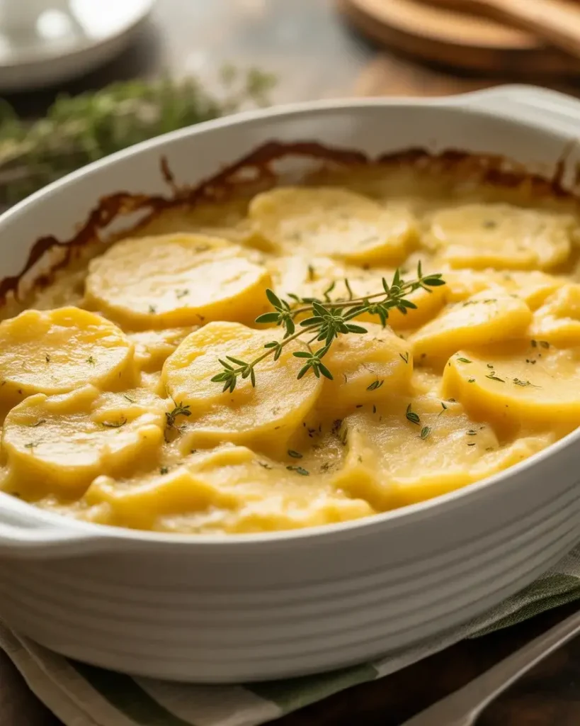 Creamy scalloped potatoes fresh from the oven with a perfectly golden top.