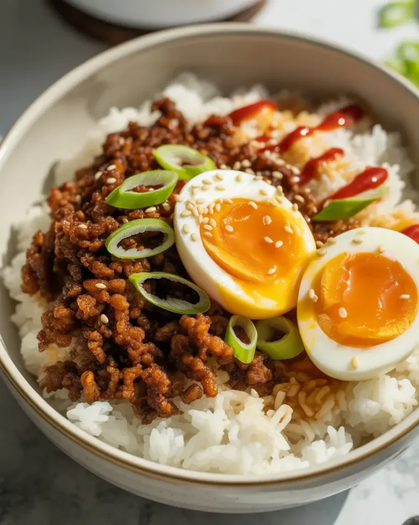 Crispy beef rice bowl assembled with jammy egg, scallions, sesame seeds, and sriracha