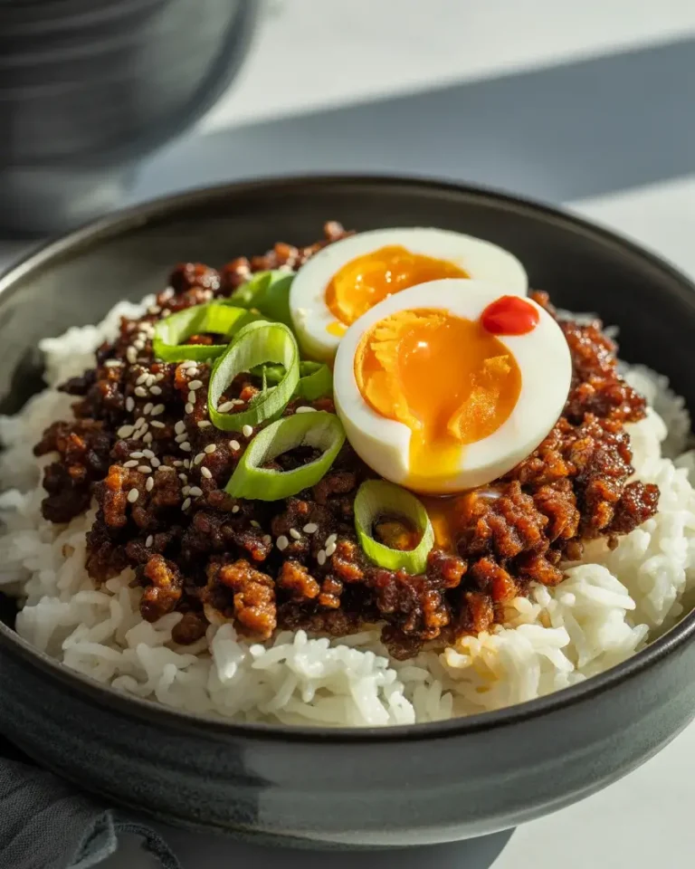 Crispy beef rice bowl with jammy egg, sesame seeds, and sriracha - ready in 30 minutes