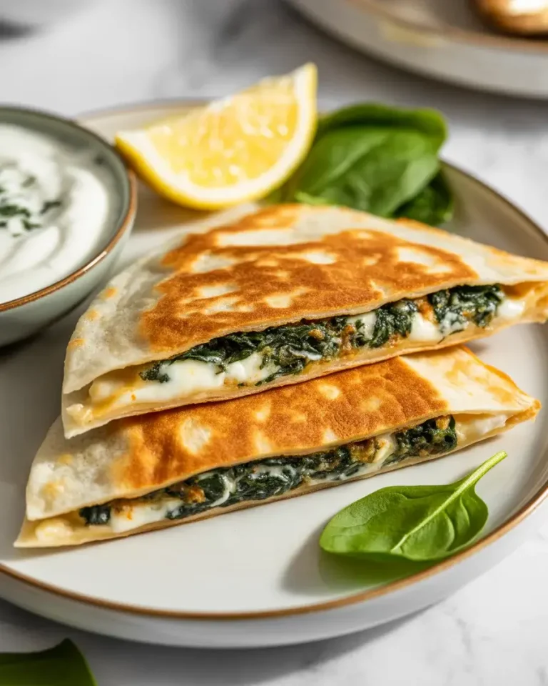 Crispy spinach and feta quesadillas sliced into triangles and served with Greek yogurt dipping sauce