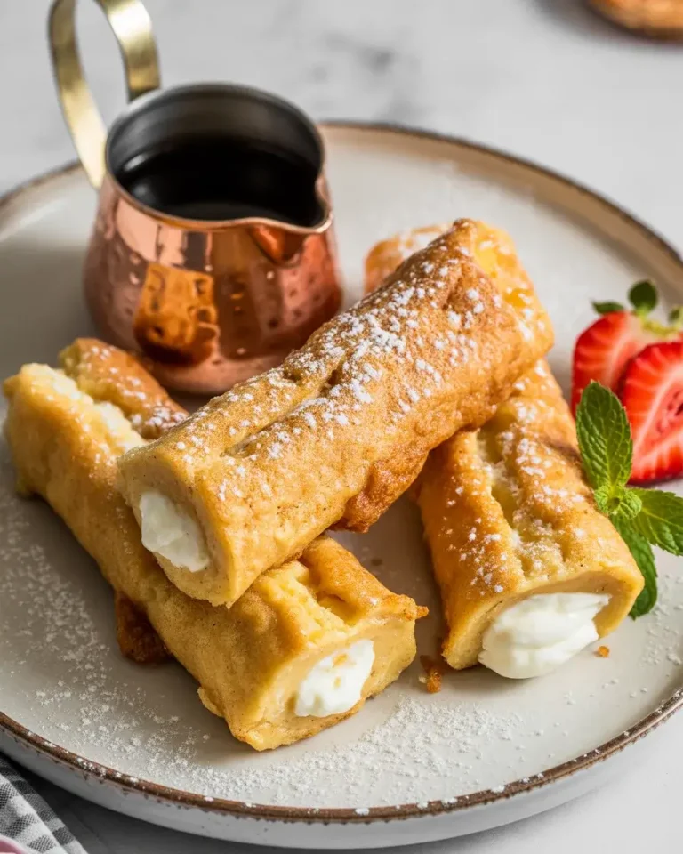 Crispy stuffed French toast sticks dusted with powdered sugar and served with warm maple syrup