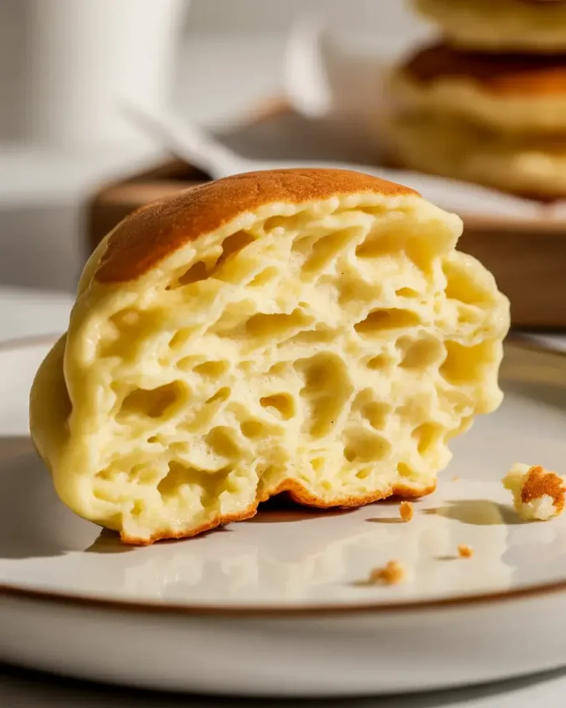 Cross-section of a pancake popper showing the airy, fluffy interior with golden crust