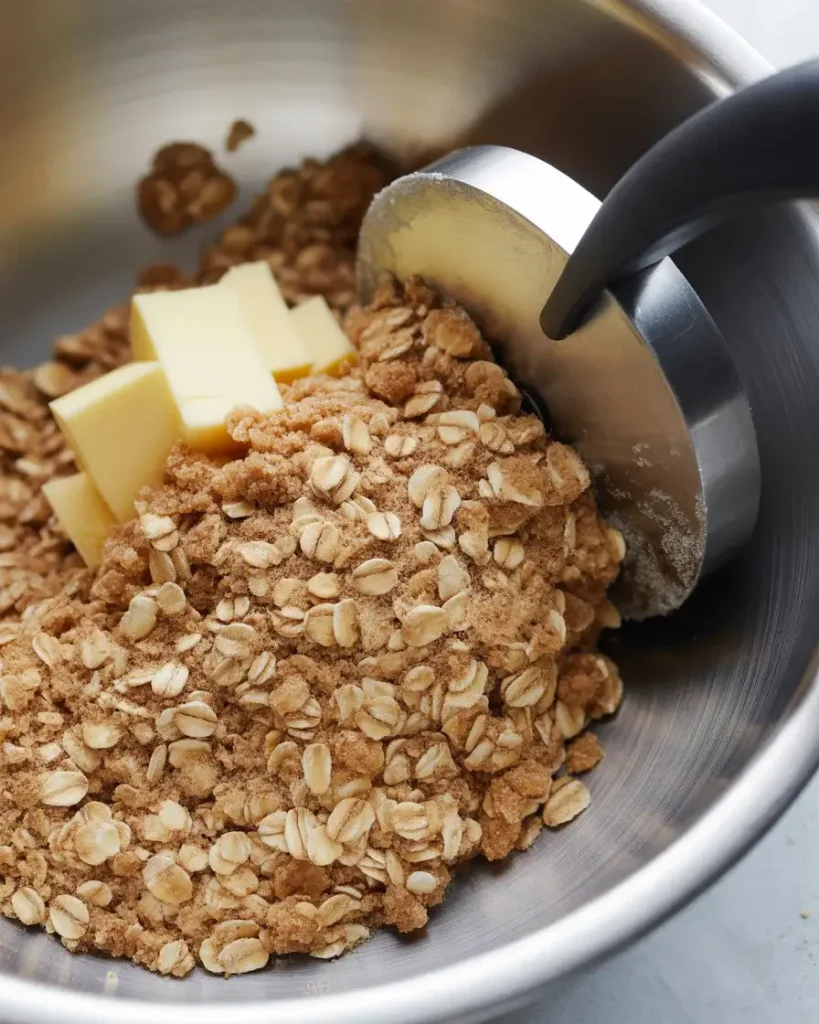 Crumbly oat crust mixture ready to be pressed into the pan