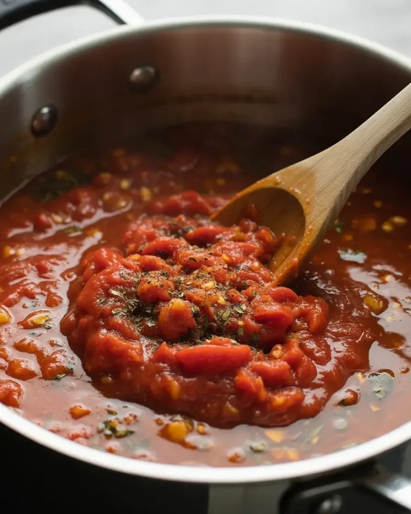  Crushed tomatoes and Italian seasonings added to build a rich soup base