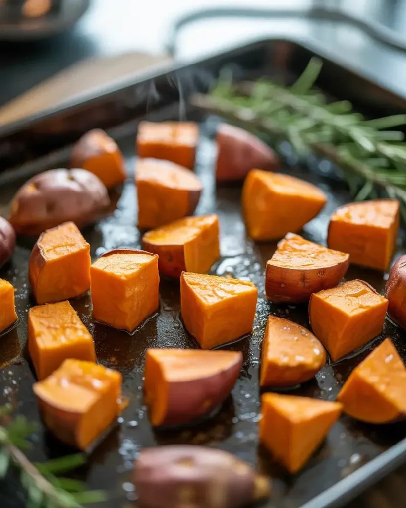 Cubed sweet potatoes roasting at 425°F until caramelized with golden edges