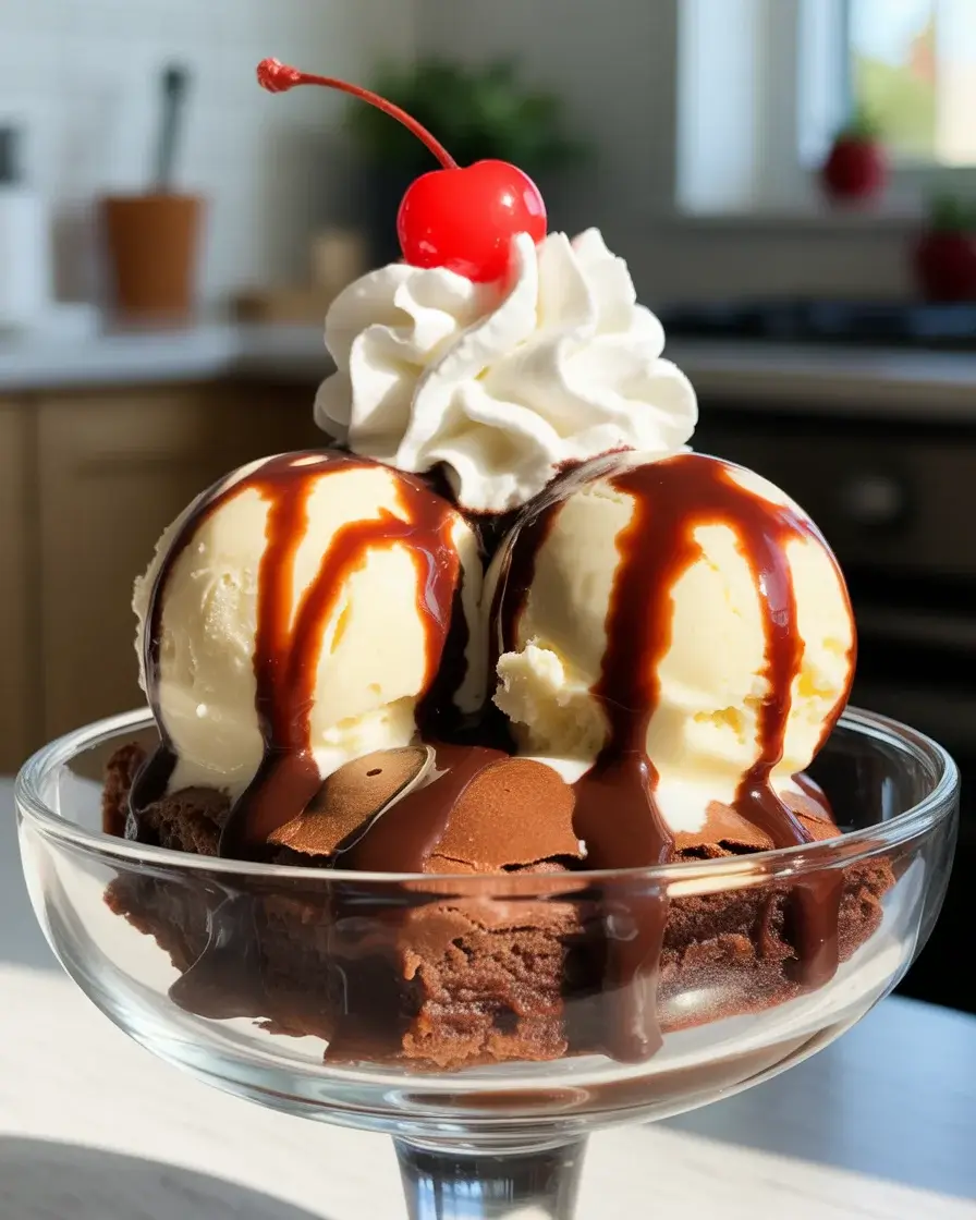 Decadent homemade brownie sundae with vanilla ice cream and toppings