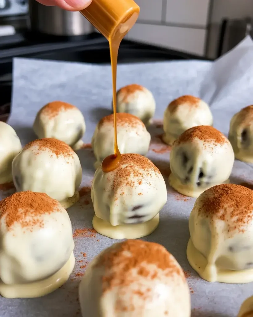 Decorating white chocolate coated truffles with spice dusting and orange drizzle