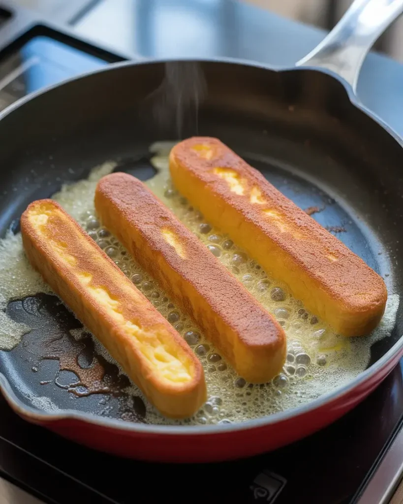Dipping each stuffed stick into spiced egg custard for full coating