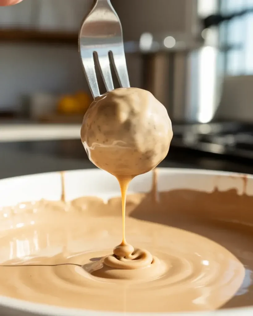 Dipping frozen Oreo balls in white chocolate for a smooth, even coating