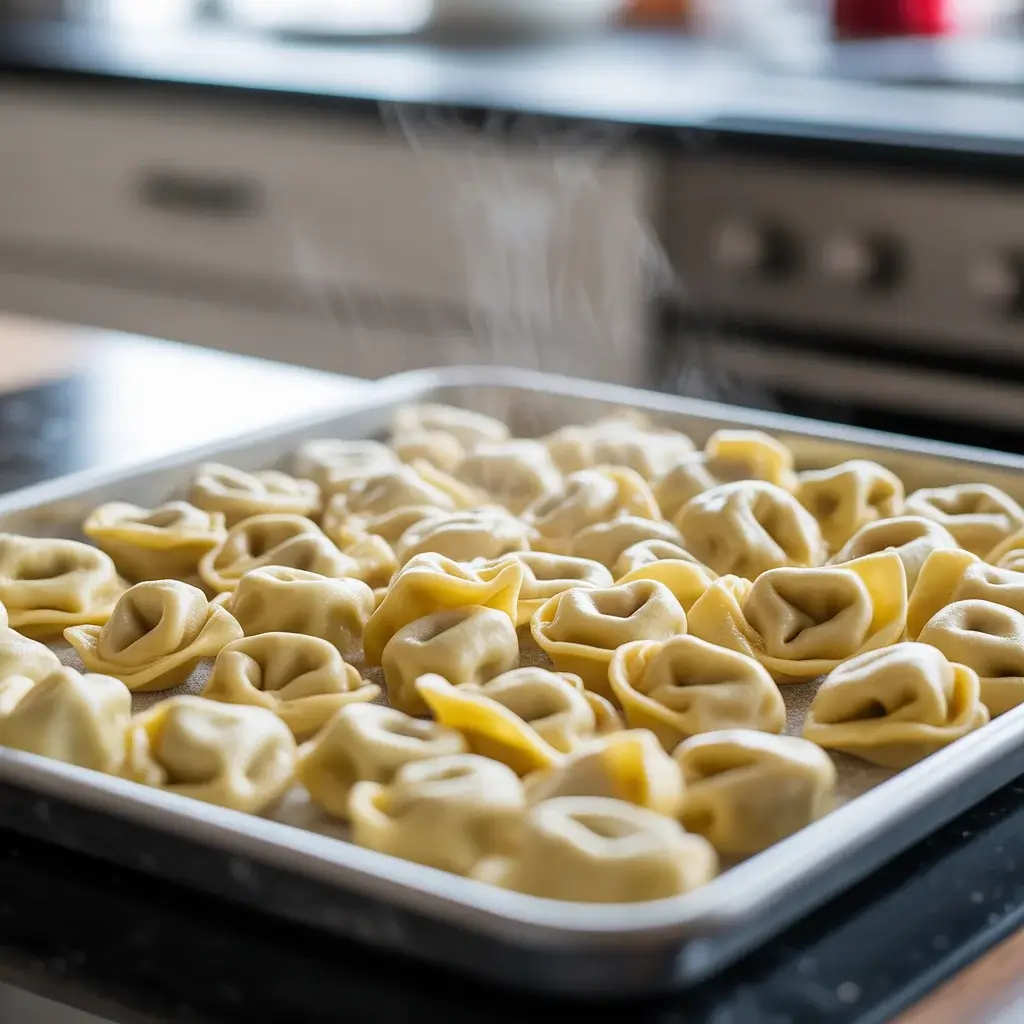 Draining and cooling tortellini on a sheet pan to prevent mozzarella from melting