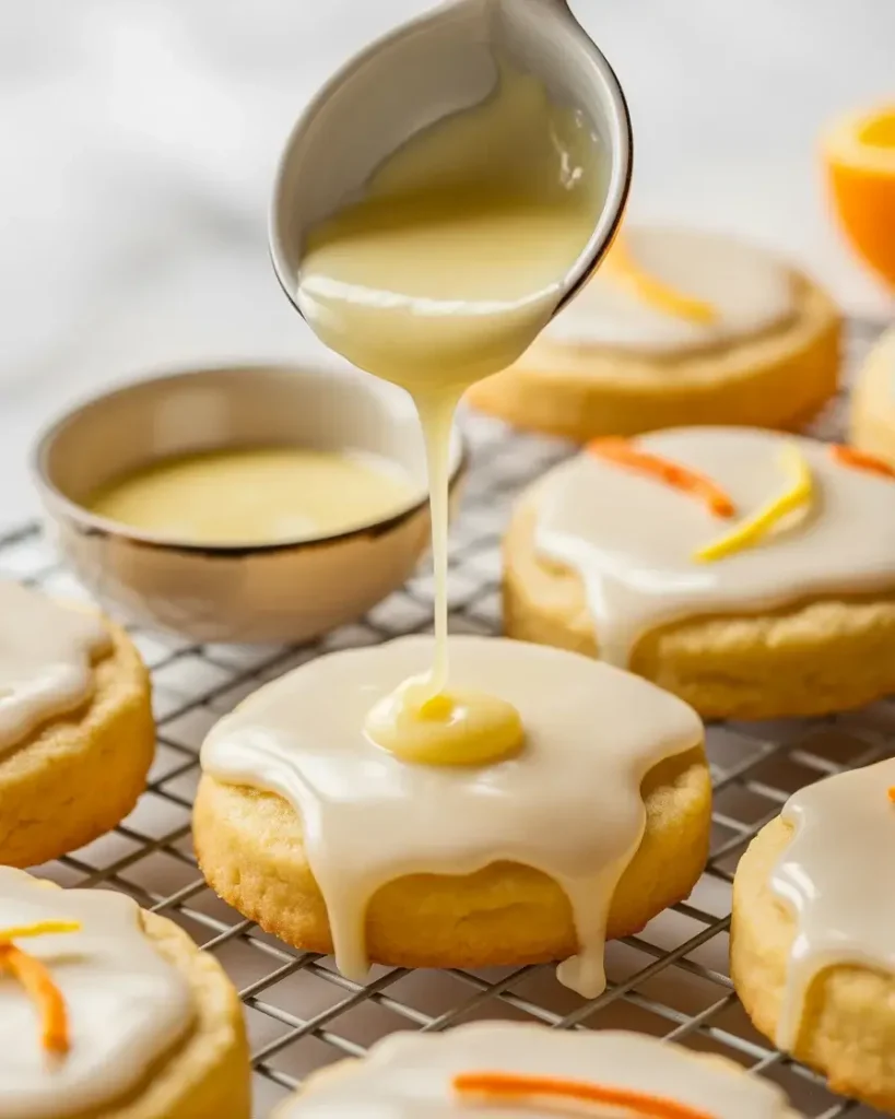 Drizzling fresh lemon glaze over cooled citrus shortbread for a tangy finishing touch