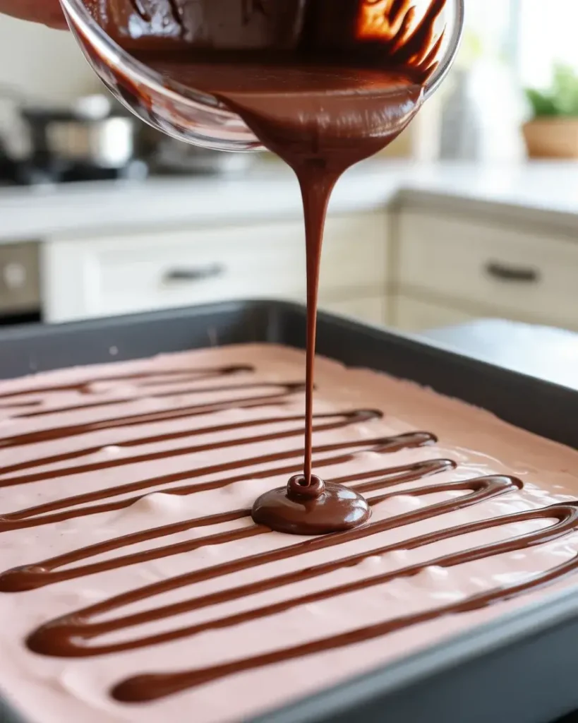 Drizzling warm hot fudge in ribbons over the peppermint layer for distinct chocolate streaks