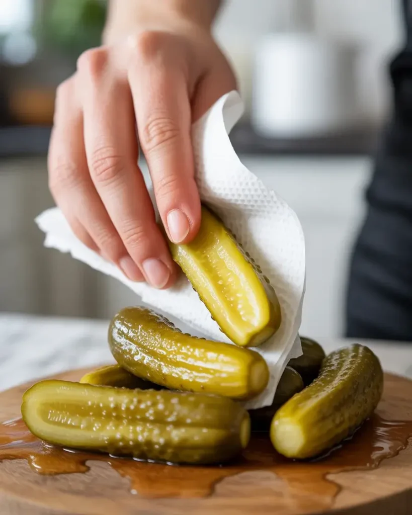 Drying pickle spears thoroughly to ensure the bacon stays secured during air frying.