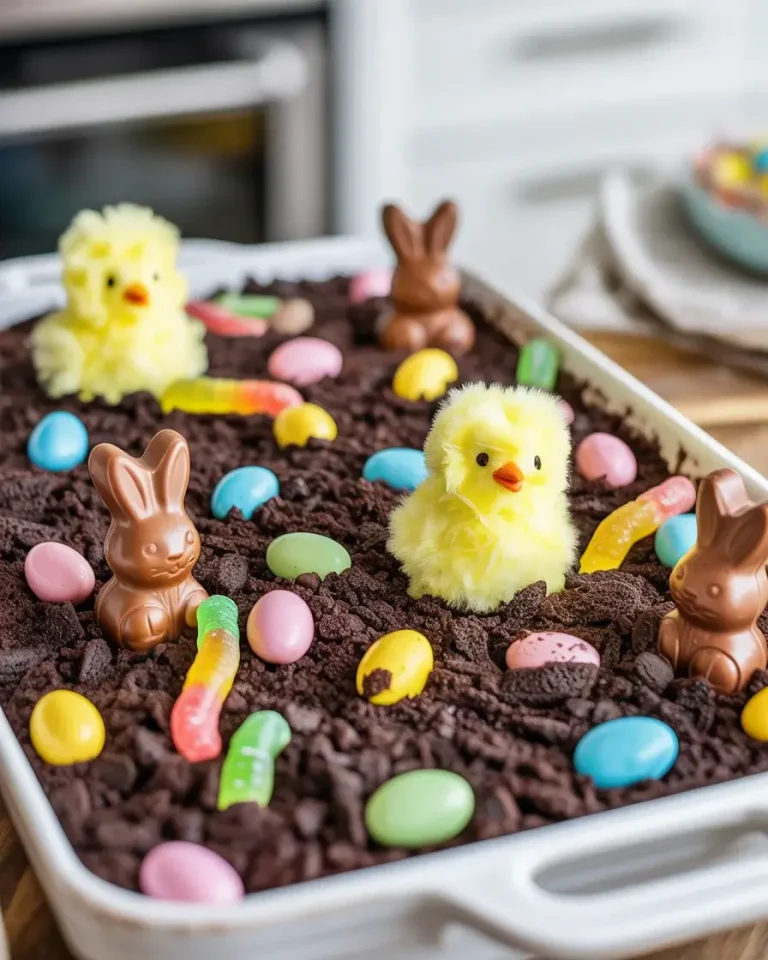 Easter dirt cake casserole topped with Peeps, candy eggs, and gummy worms for spring