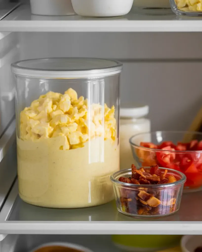 Egg salad, bacon, and tomatoes stored separately for fresh next-day wraps