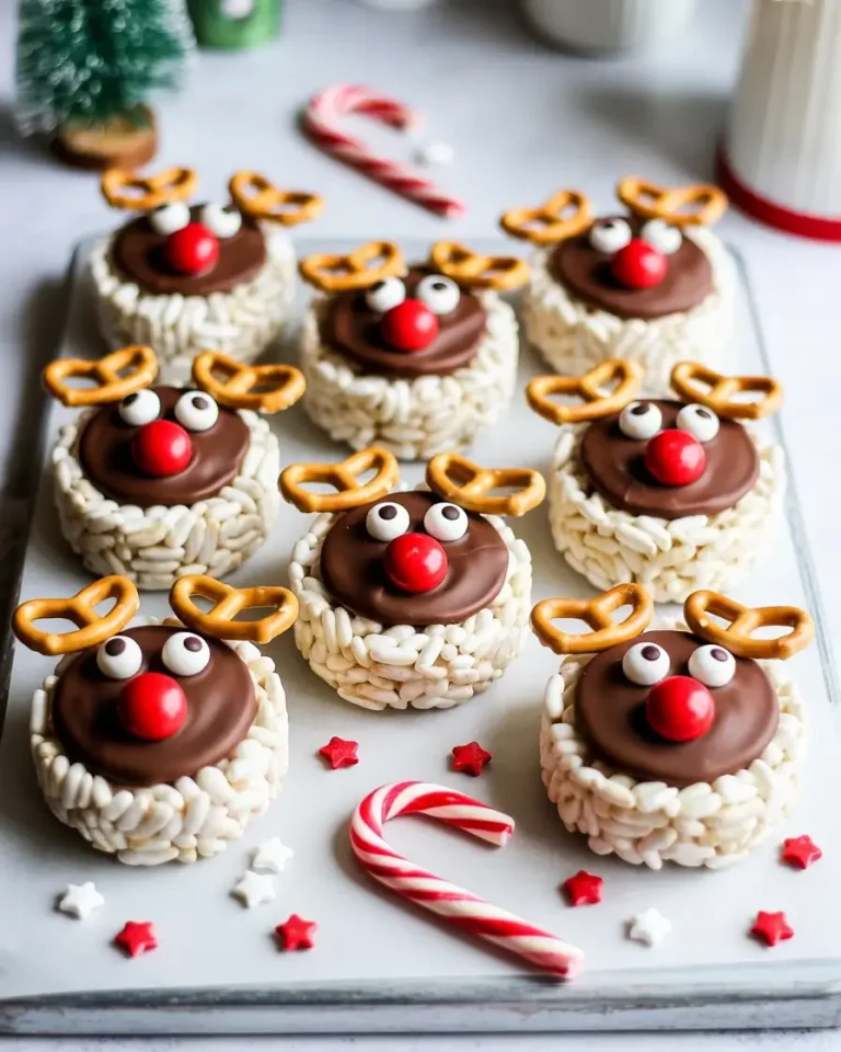 Eight adorable reindeer Christmas rice cakes with pretzel antlers, candy eyes, and red M&M noses
