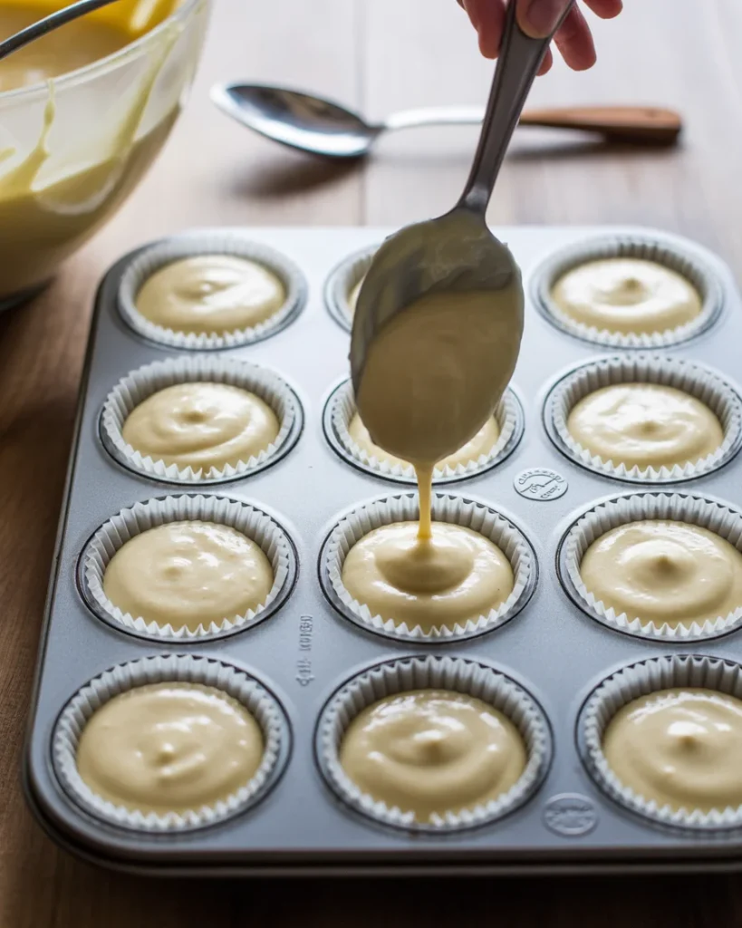 Filling each liner three-quarters full with smooth Baileys cheesecake batter
