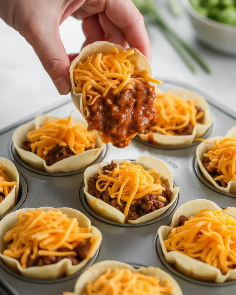 Filling each pre-baked wonton cup with seasoned taco beef