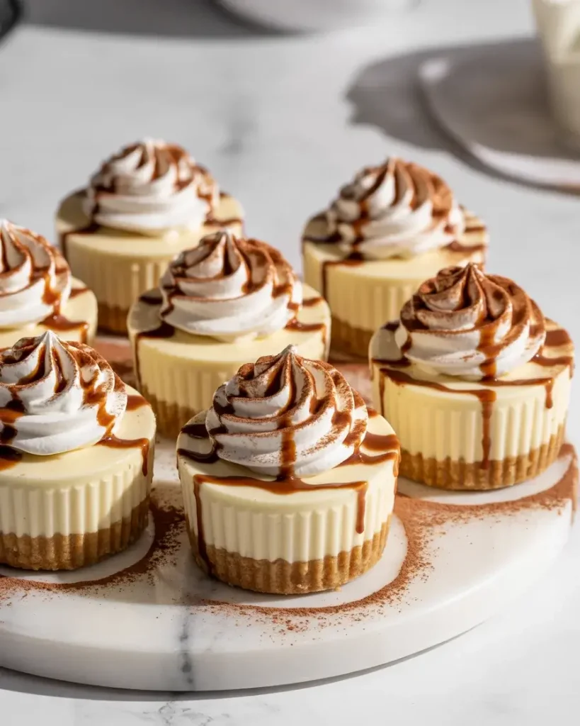 Finished Baileys mini cheesecakes topped with whipped cream and cocoa powder dusting