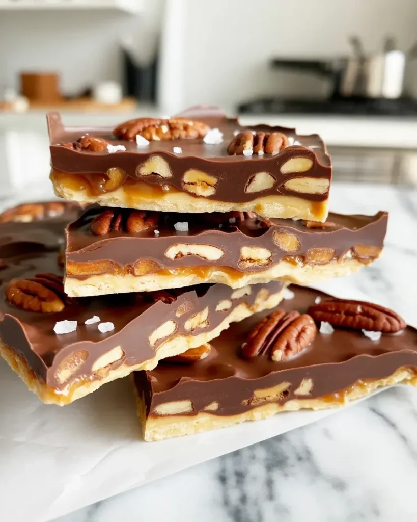 Finished bark broken into pieces showing toffee, chocolate, and pecan layers