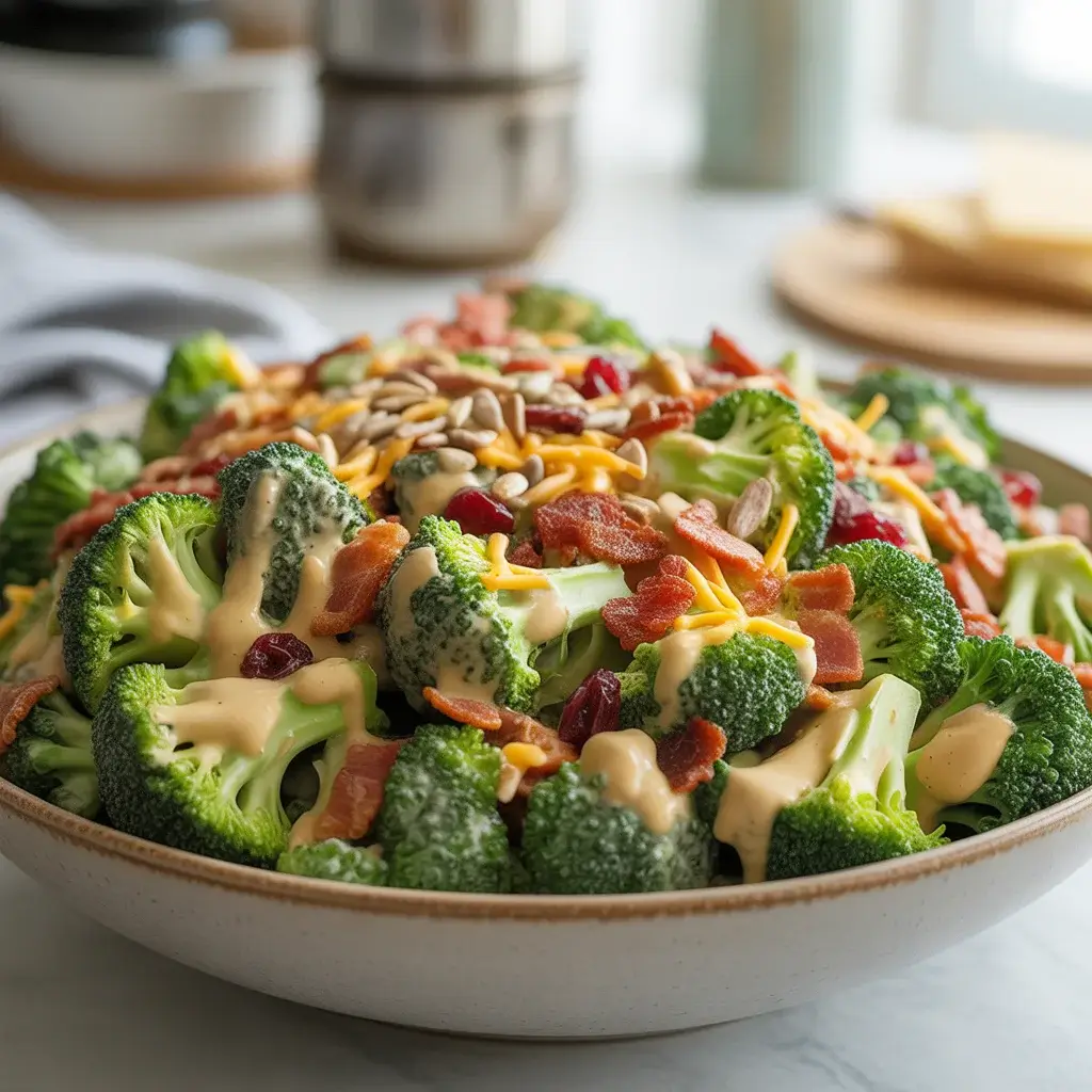 Finished broccoli salad topped with sunflower seeds, cheddar, and cranberries, ready to serve
