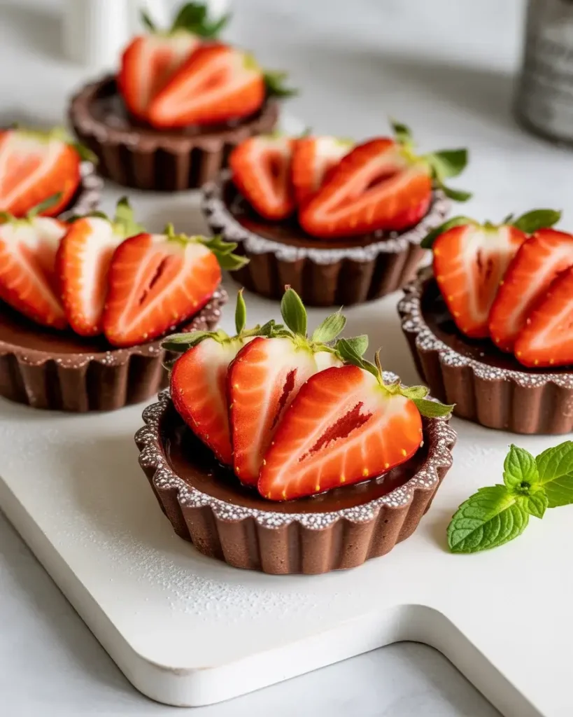 Finished chocolate strawberry tartlets garnished with powdered sugar and mint leaves