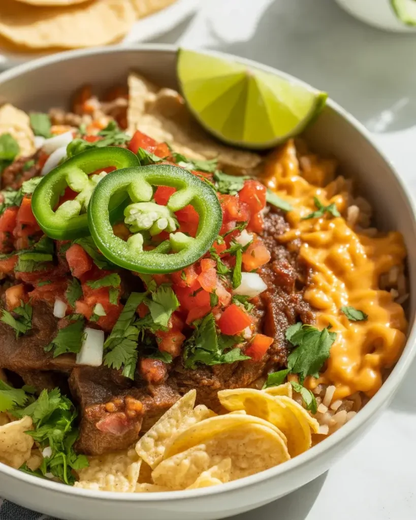 Finished steak and queso rice bowl garnished with pico, jalapeños, cilantro, and lime