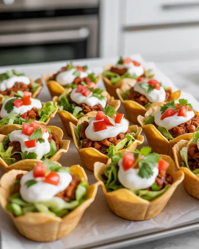 Finished taco cups loaded with sour cream, tomato, and cilantro