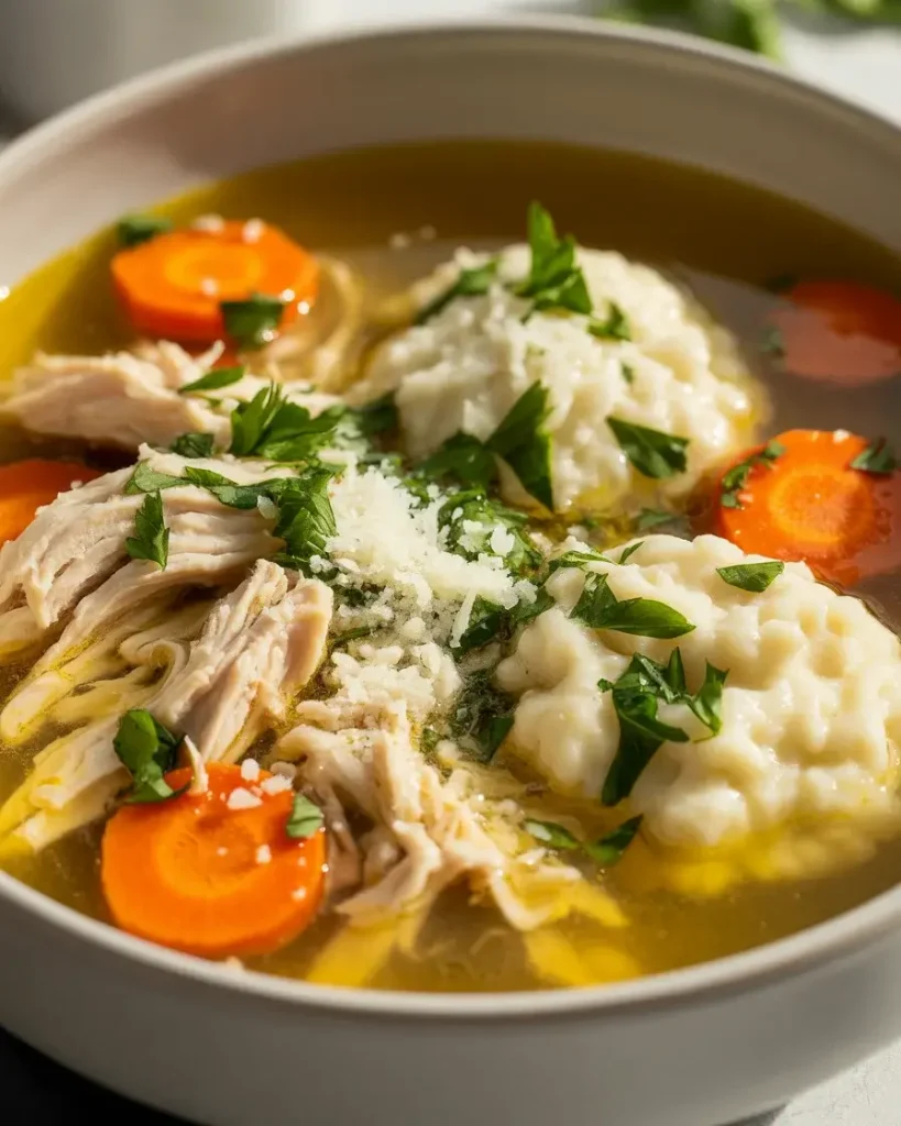 Finished winter chicken soup served with parsley, Parmesan, and an olive oil drizzle