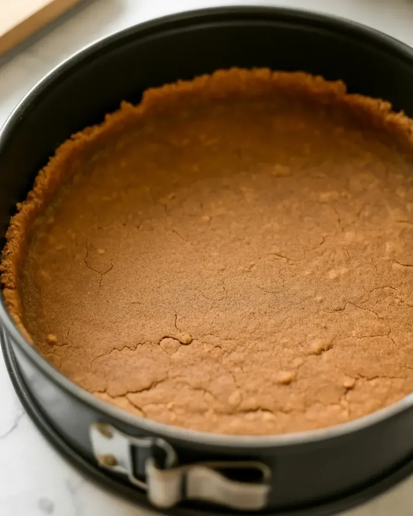 Firmly pressed graham cracker crust baked golden and ready for the cheesecake filling