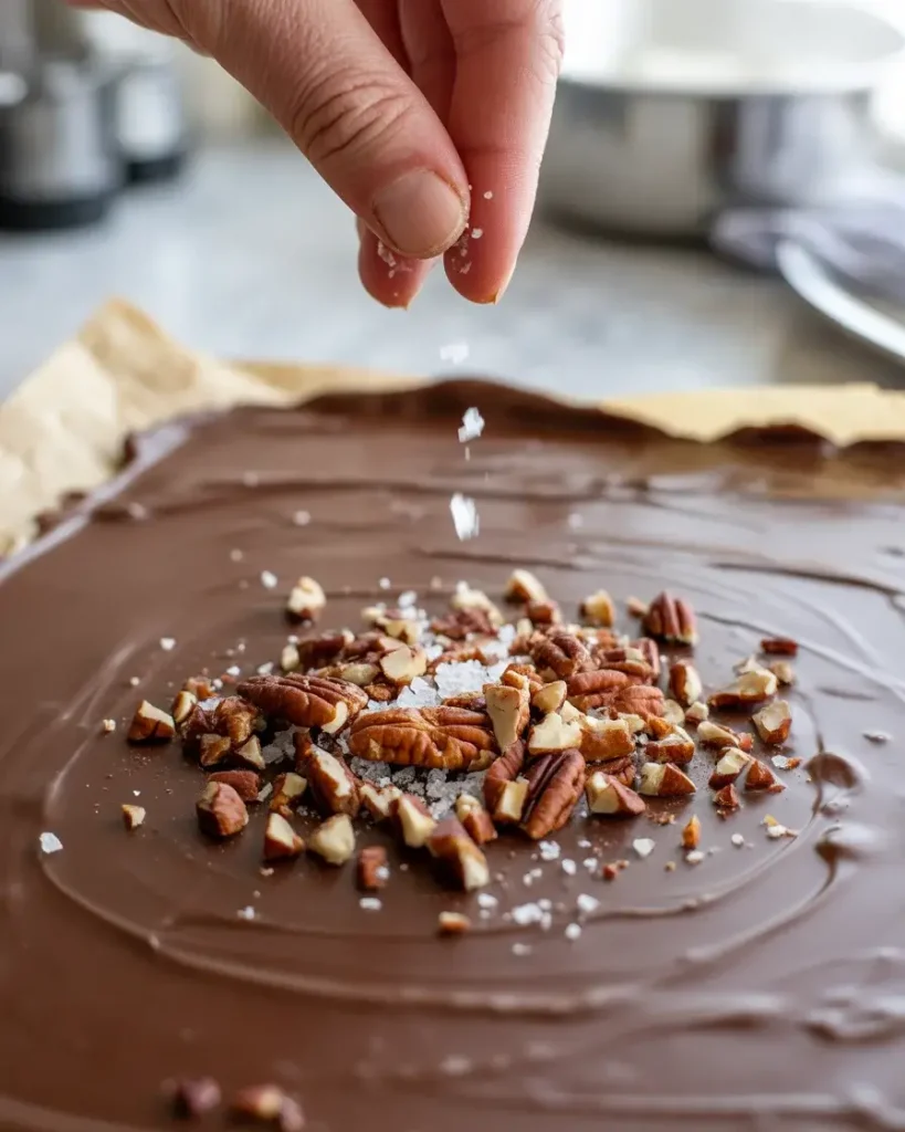 Flaky sea salt and pecans sprinkled over chocolate while still warm