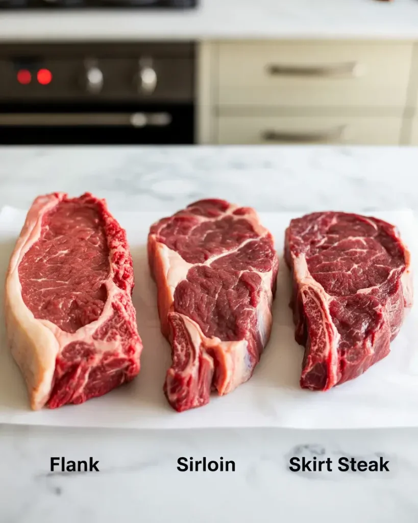 Flank, sirloin, and skirt steak comparison for Mediterranean bowl preparation
