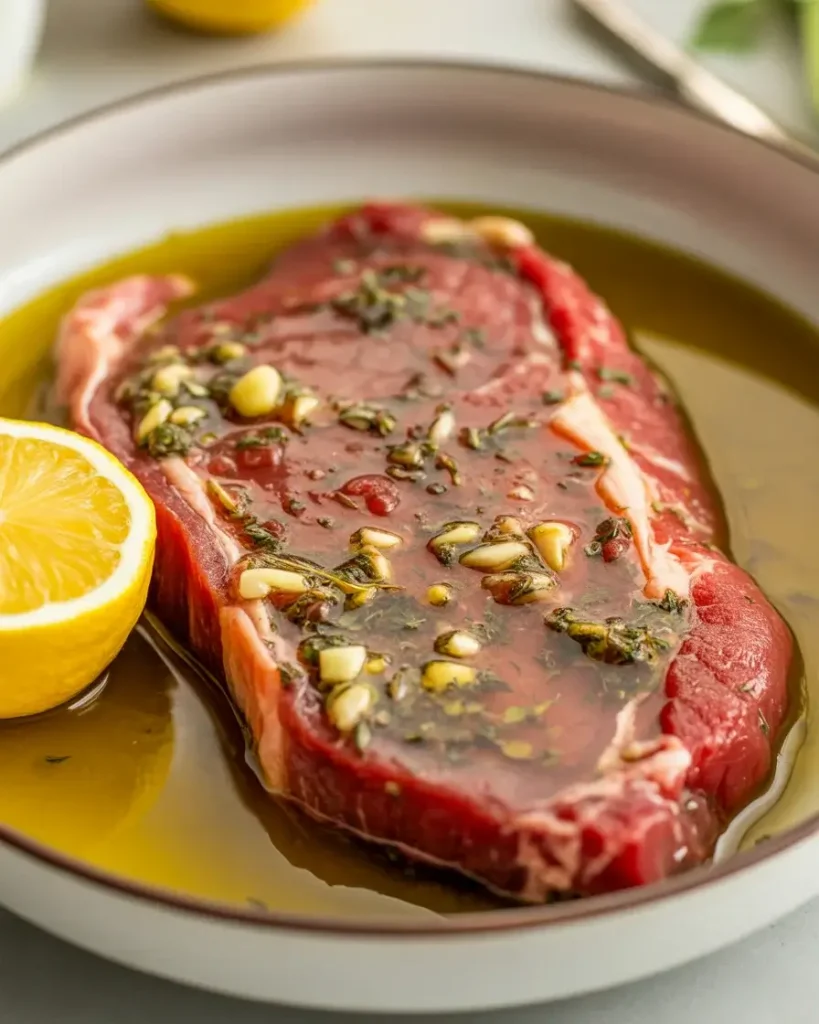 Flank steak marinating in lemon garlic herb olive oil for 20 minutes before searing