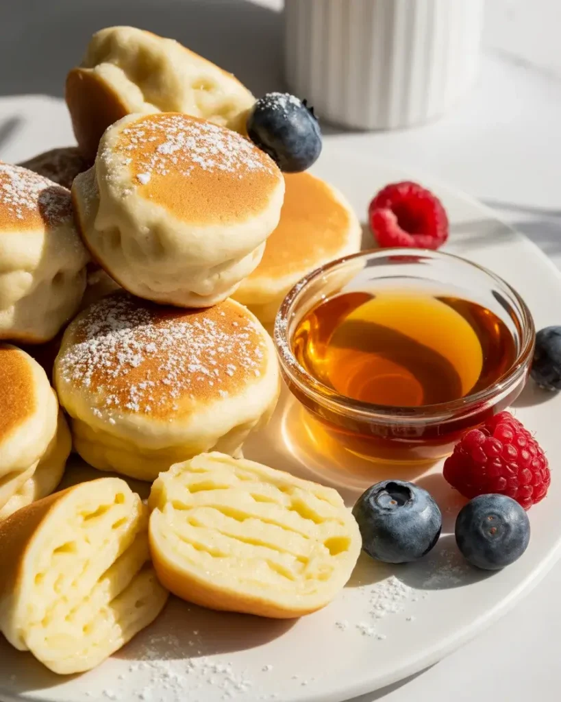 Fluffy golden pancake poppers served with maple syrup, fresh berries, and powdered suga