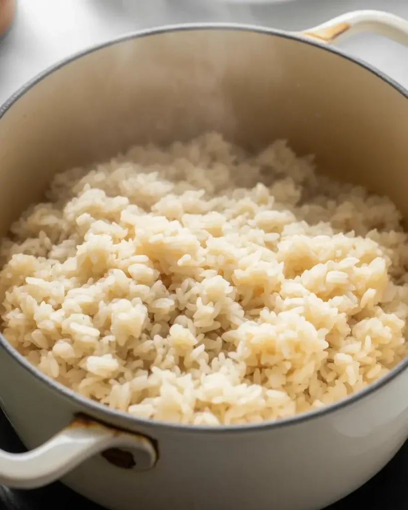 Fluffy jasmine rice steaming in the pan, ready to serve under crispy beef