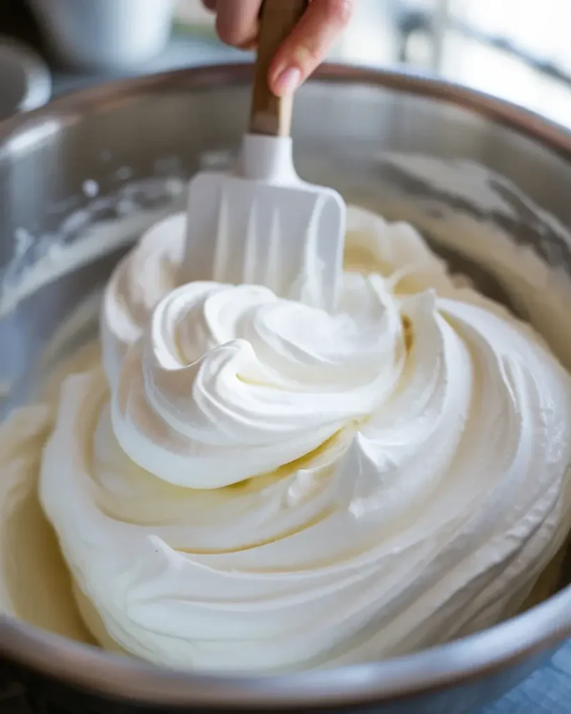 Folding Cool Whip into cream cheese filling gently to keep the mixture light and airy
