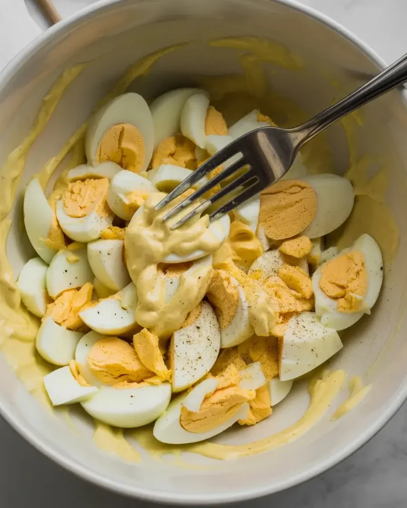 Folding egg salad until creamy but chunky with visible egg pieces throughout