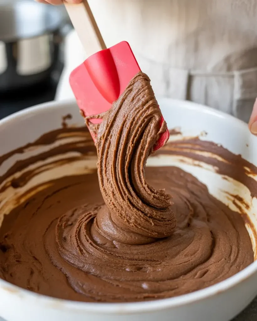 Folding flour into brownie batter until just combined