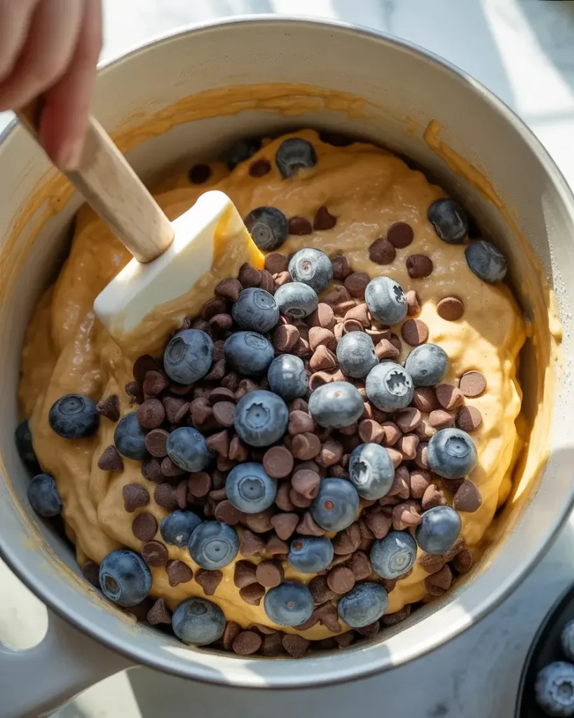 Folding mini chocolate chips and blueberries into pancake popper batter for fun variations