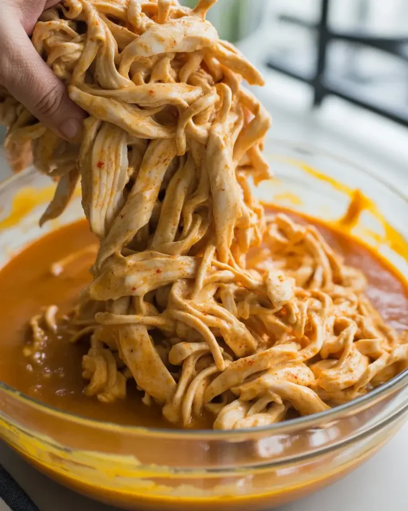 Folding shredded chicken into pumpkin buffalo sauce for perfectly coated sliders