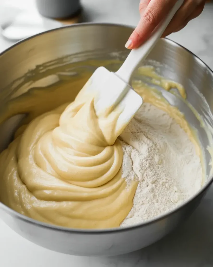 Folding sifted flour into batter gently to keep the sponge light and tender